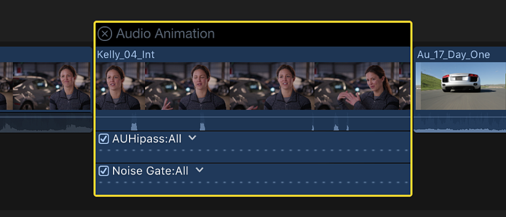 타임라인의 클립에 적용된 효과를 표시하는 오디오 애니메이션 편집기