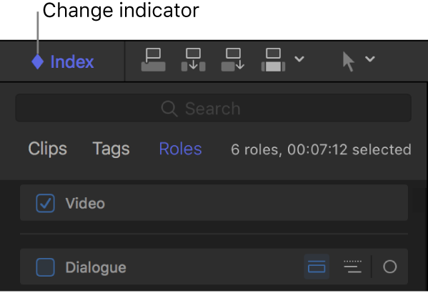 인덱스 버튼에 마름모 모양 변경 표시기를 보여주는 타임라인 인덱스의 상단 섹션