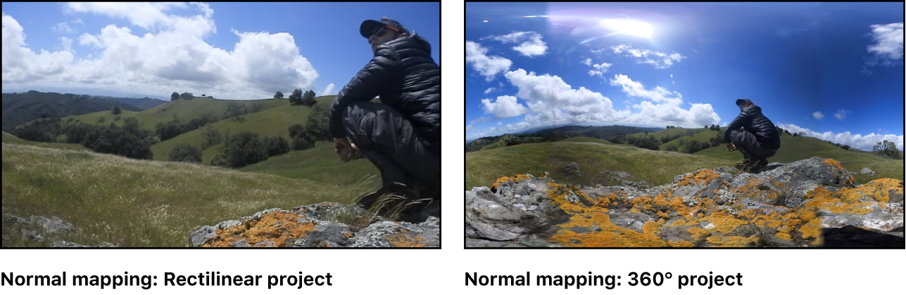 일반 매핑이 적용된 360° 이미지와 소행성 매핑이 적용된 동일한 이미지, 나란히 보기