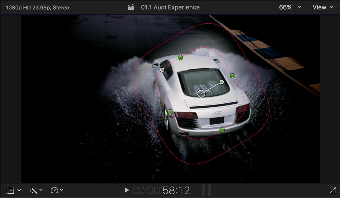 显示围绕蒙版区域外部的任何内容均变暗的汽车图像的形状蒙版的检视器