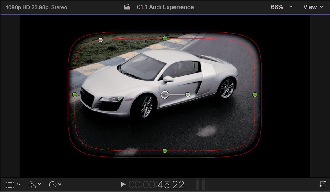 显示“形状蒙版”的默认屏幕控制的检视器：位于帧中心的部分羽化圆角矩形