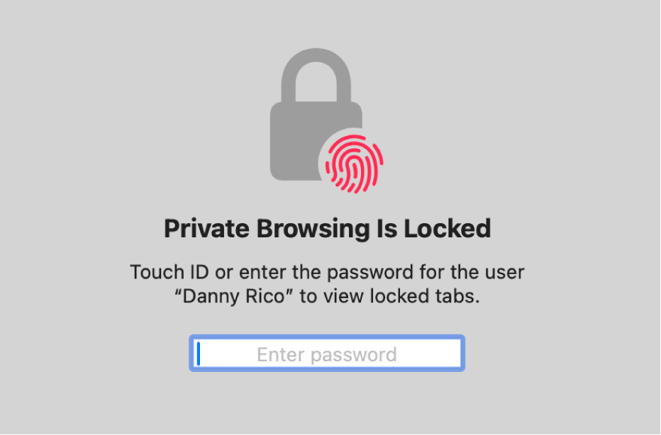 Una finestra che richiede il Touch ID o la password per sbloccare i pannelli e le finestre di “Navigazione privata”.