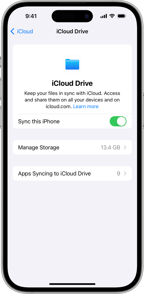 The iCloud Drive screen in iCloud settings. Sync this iPhone is turned on.