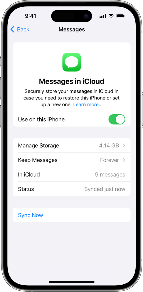 The Messages screen in iCloud settings. Sync this iPhone is turned on.