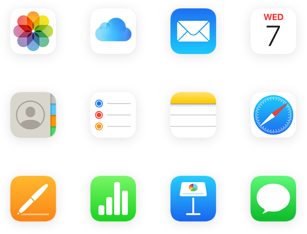 Таблица со значками приложений, в том числе «Фото», iCloud Drive, «Почта» и др.