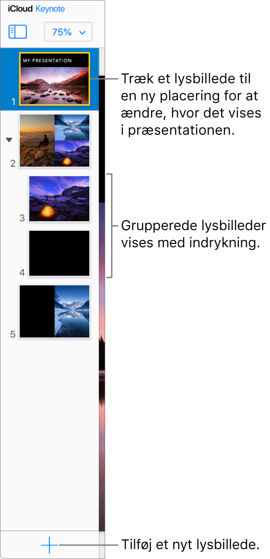 Lysbillednavigatoren for Keynote til iCloud er åben i indholdsoversigten til venstre og viser fem lysbilleder i præsentationen. Der findes en knap til tilføjelse af et nyt lysbillede nederst i indholdsoversigten.