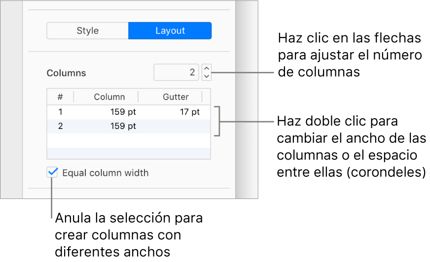 Controles de columna de texto en la sección Disposición de la barra lateral Formato.