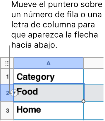 En una tabla se ha seleccionado un número de fila y la flecha abajo se ve a su derecha.