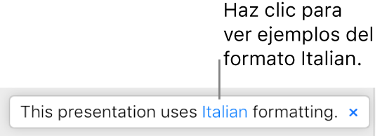 Mensaje que dice “Esta presentación utiliza el formato italiano”.