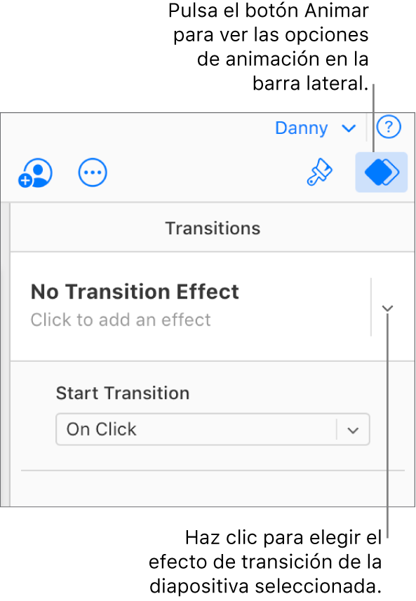 En la barra de herramientas está seleccionado el botón Animar y en el menú desplegable Transiciones aparece la opción “Ningún efecto de transición”.