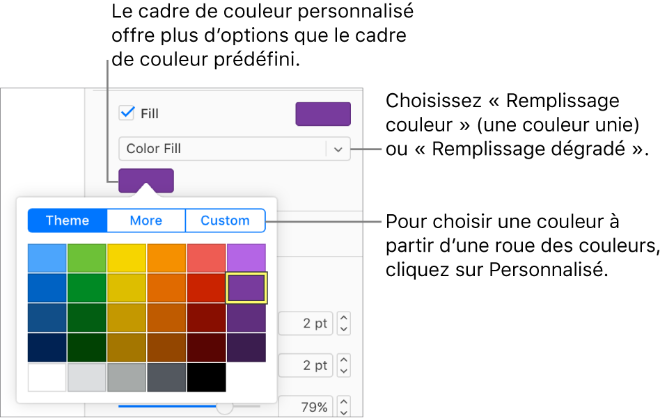 Remplissage couleur est sélectionné dans le menu Remplissage et le cadre de couleur affiché en dessous propose des couleurs de remplissage supplémentaires.