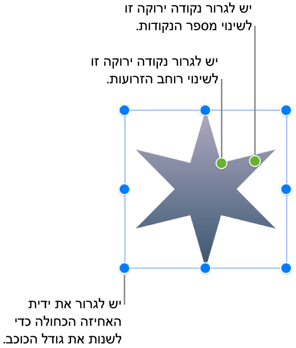 נפתח אובייקט צורת כוכב, עם שתי נקודות ירוקות שאותן ניתן לגרור כדי לשנות את רוחב הזרועות ואת מספר הקודקודים.