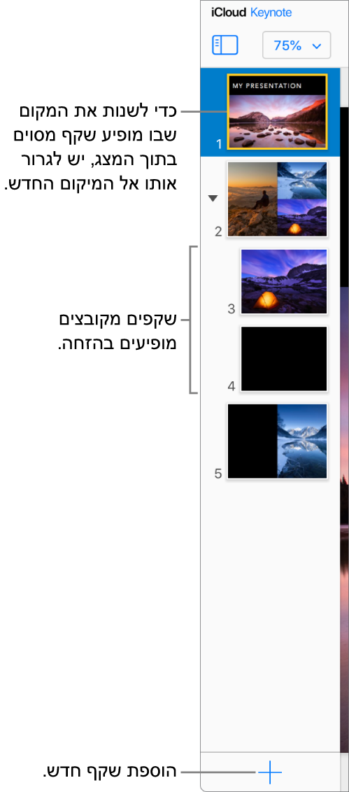 נווט השקפים ב-Keynote עבור iCloud פתוח בסרגל הצד הימני ומציג חמישה שקפים במצגת. בחלק התחתון של סרגל הצד יש כפתור להוספת שקף חדש.