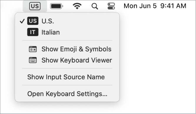 Il menu Input è aperto nella parte superiore destra della barra dei menu e mostra un numero di lingue disponibili, elementi del menu per aprire il Visualizzatore di Emoji, simboli e tastiera, e altro ancora.