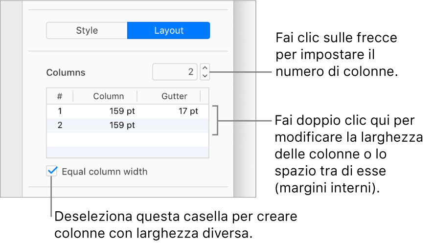 I controlli della colonna di testo nella porzione Layout della barra laterale Layout.