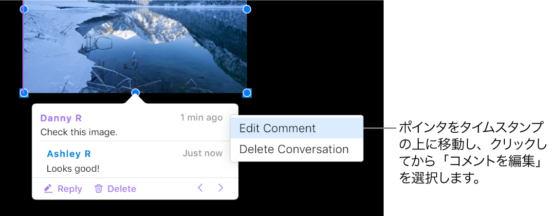 コメントが開いており、上部のタイムスタンプの上にポインタがある。ポップアップメニューは「コメントを編集」と「会話を削除」の2つのオプションを示している。