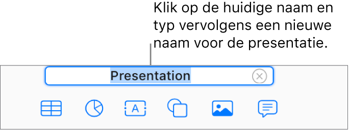 De naam van de presentatie, Presentatie, geselecteerd boven in de open presentatie.