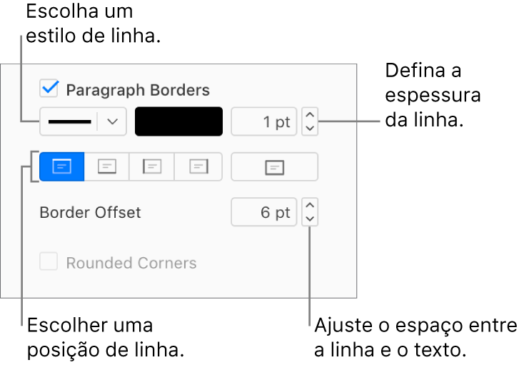 A caixa de seleção Bordas do Parágrafo está selecionada na aba Layout da barra lateral Formatar e os controles para alterar o estilo, a cor, a espessura, a posição e o deslocamento do texto são mostrados abaixo da caixa de seleção.