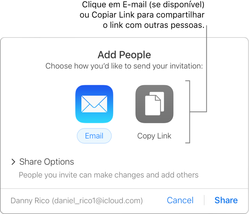 A janela que aparece quando você clica no botão Colaboração na barra de ferramentas (antes de uma apresentação ser compartilhada). Os botões E-mail e Copiar link permitem que você escolha como compartilhar a apresentação.