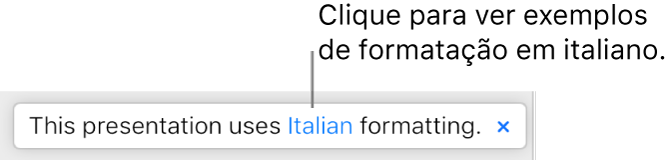 Uma mensagem que diz “Esta apresentação usa a formatação Italiano”.
