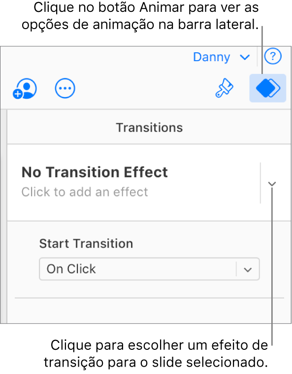 O botão Animar está selecionado na barra de ferramentas e “Nenhum Efeito de Entrada” está sendo mostrado no menu pop-up Transições na barra lateral.
