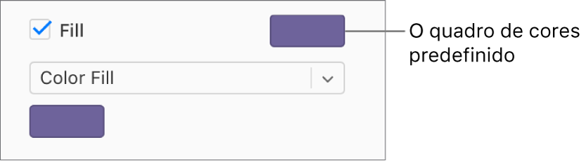 A caixa de seleção Preenchimento está marcada na barra lateral, e o seletor de cores predefinidas à direita da caixa de seleção está preenchido com a cor roxa. Abaixo da caixa de seleção, Colorido está escolhido em um menu pop-up.