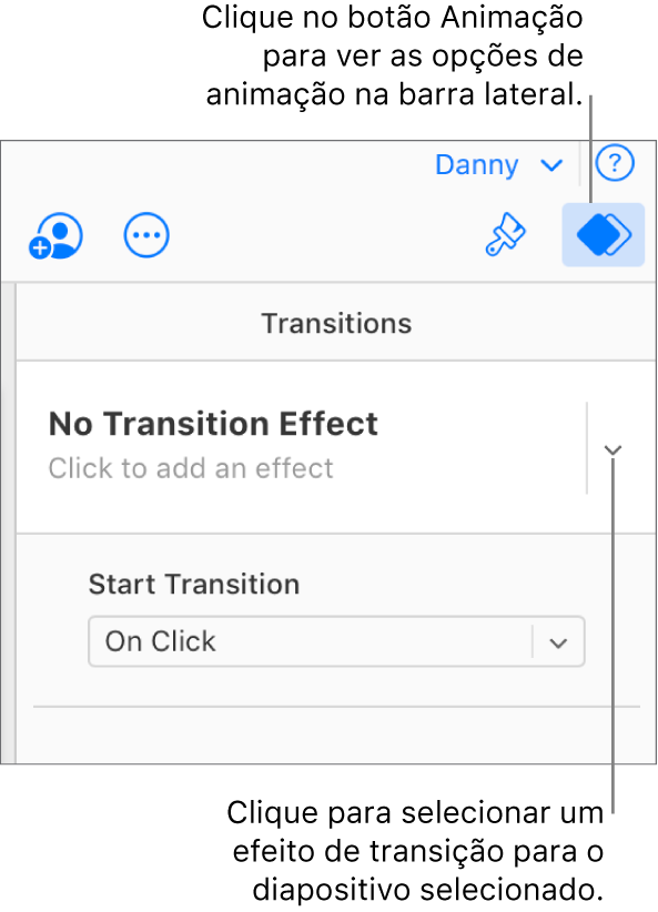 O botão Animar está selecionado na barra de ferramentas e a opção “Nenhum efeito de entrada” está visível no menu pop-up “Transições” na barra lateral.