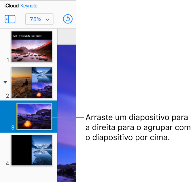 O navegador de diapositivos do Keynote para iCloud com um diapositivo a mover-se para a direita