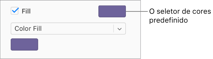 A opção “Preencher” está assinalada na barra lateral e o seletor de cores predefinido à direita da opção assinalável está preenchido a roxo. Sob a opção assinalável, a opção Preenchimento de cor está selecionada no menu pop-up.