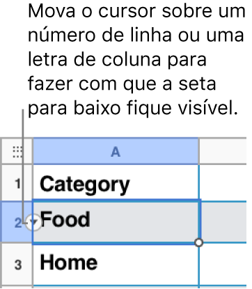 Um número de linha está selecionado na tabela e é apresentada uma seta para baixo, à direita.
