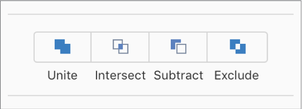 Os botões "Unir”, “Intersectar”, “Subtrair” e “Excluir” na parte inferior do separador “Ordem” na barra lateral “Formatação”.