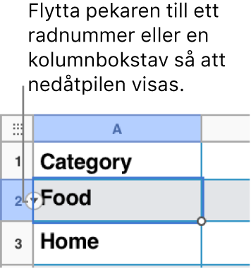 Ett radnummer är valt i en tabell och en nedåtpil visas till höger.