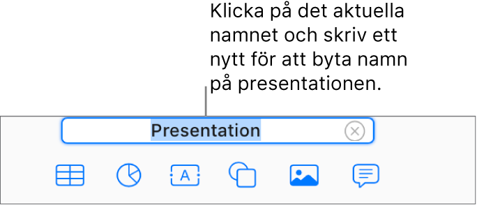 Presentationsnamnet, Presentation, har markerats högst upp i en öppen presentation.