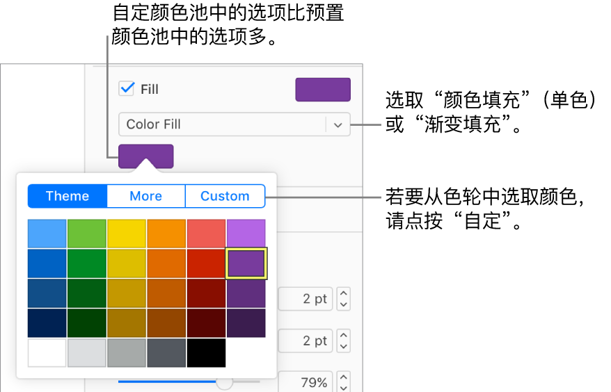 “颜色填充”在“填充”复选框下方的弹出式菜单中处于选中状态，弹出式菜单下方的颜色池显示其他颜色填充选项。