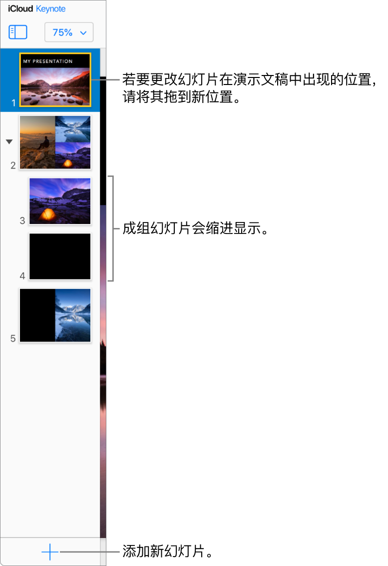 左侧边栏中的 iCloud 版 Keynote 讲演幻灯片导航器处于打开状态，正在显示演示文稿中的五张幻灯片。添加新幻灯片的按钮位于边栏底部。