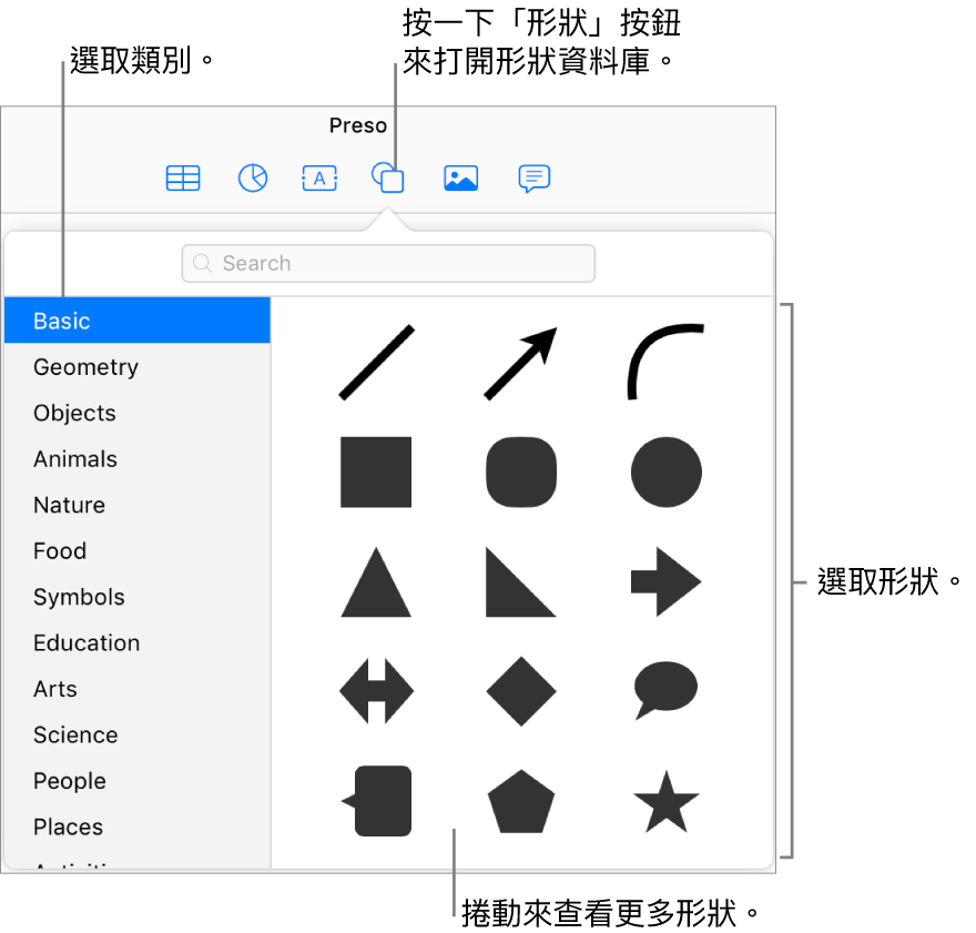 形狀資料庫在工具列中的「形狀」按鈕下方已開啟。左側已選取「基本」類別，右側會顯示部分常見形狀（包括圓形、方形和線條）。