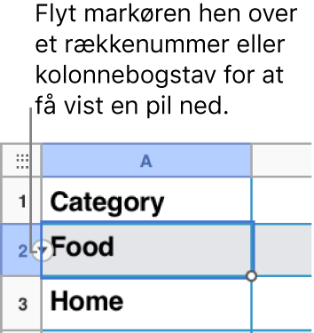Et rækkenummer er valgt i en tabel, og der ses en pil ned til højre.