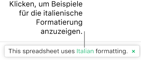 Eine Nachricht, die besagt „Diese Tabelle verwendet die Formatierung: Italienisch“.