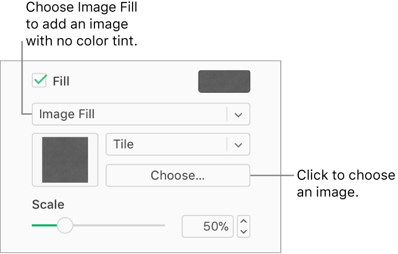 The Fill checkbox is selected in the sidebar, and Image Fill is chosen in the pop-up menu below the checkbox. Controls for choosing the image, how it fills the object, and the image’s scale, appear below the pop-up menu. A preview of the image fill appears in the square (after an image is chosen).