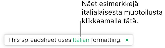 Ilmoitus siitä, että laskentataulukossa käytetään italialaista muotoilua.