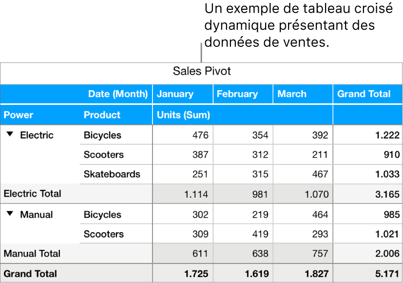Un tableau croisé dynamique présentant des données synthétisées pour des vélos, des trottinettes et des skateboards, ainsi que des commandes pour afficher certaines données.