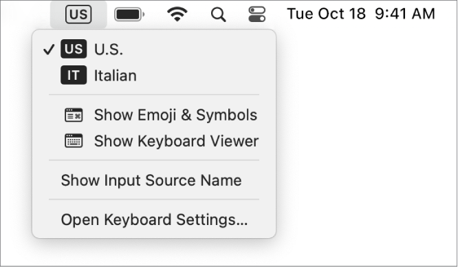 Il menu Input è aperto nella parte superiore destra della barra dei menu e mostra un numero di lingue disponibili, elementi del menu per aprire il Visualizzatore di Emoji, simboli e tastiera, e altro ancora.