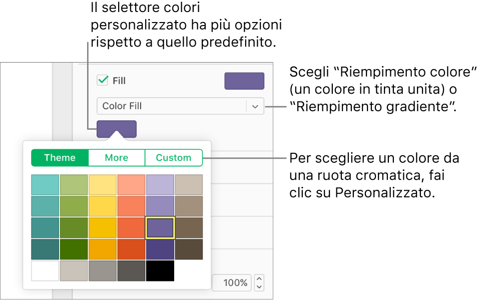 Riempimento colore è selezionato nel menu a comparsa sotto il riquadro Riempimento, e il riquadro colore sotto al menu a comparsa mostra maggiori opzioni di riempimento colore.