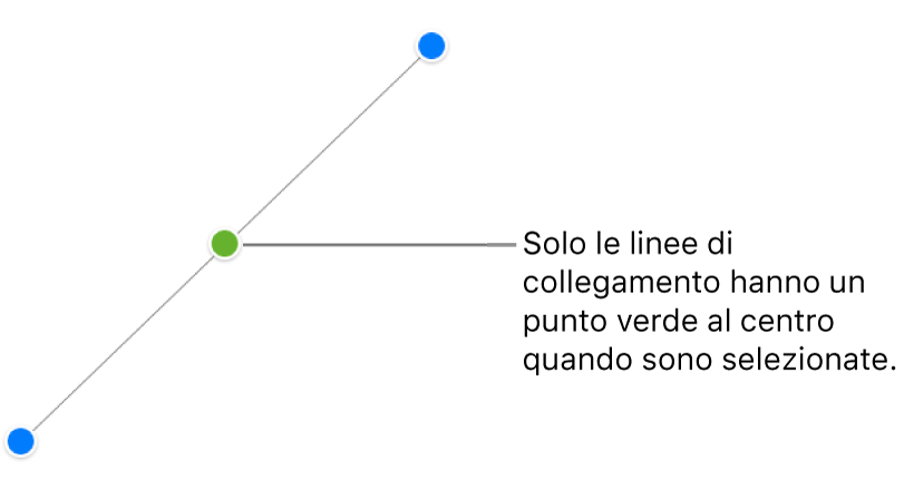 È selezionata una linea di collegamento diritta; alle estremità sono visualizzate le maniglie blu di selezione e al centro un punto verde.