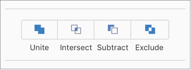 「フォーマット」サイドバーの「配置」タブの下部にある「結合」、「交差」、「減算」、および「除外」ボタン。
