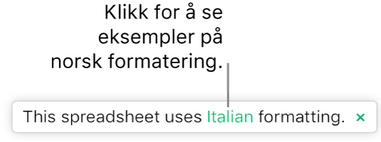 En melding med teksten «Dette regnearket bruker italiensk formatering».