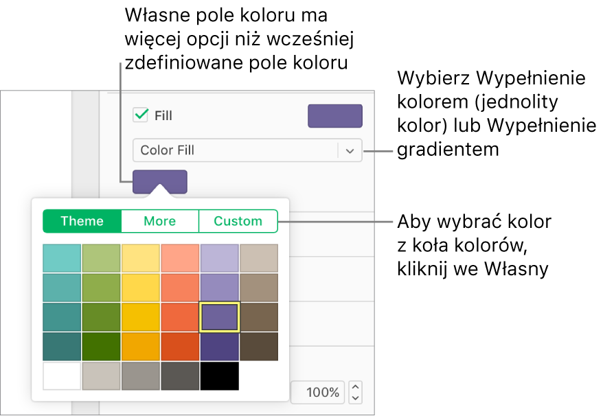 W menu podręcznym pod polem wyboru Wypełnienie jest wybrana opcja Wypełnienie kolorem, a pod menu podręcznym widoczne jest pole koloru z dodatkowymi opcjami wypełniania kolorem.