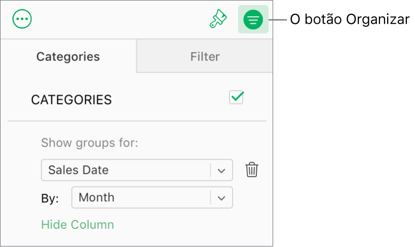 O botão Organizar está selecionado na barra de ferramentas e as regras que descrevem uma categoria aparecem na aba Categorias da barra lateral Organizar. Os dados estão organizados por Data de Venda e agrupados por mês.
