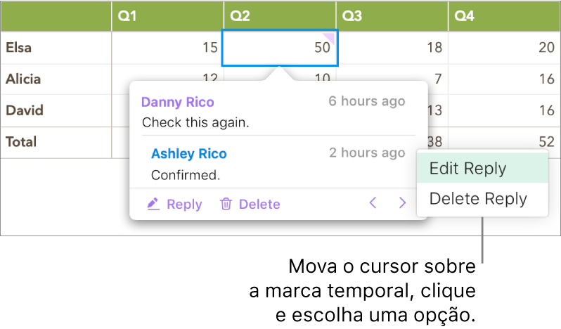 Um comentário com uma resposta e o cursor sobre a marcação de data e hora da resposta; um menu pop-up mostrando duas opções: Editar Resposta e Apagar Resposta.