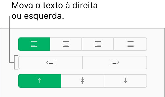 Os botões Recuar à esquerda e Recuar à direita na barra lateral Formatar.